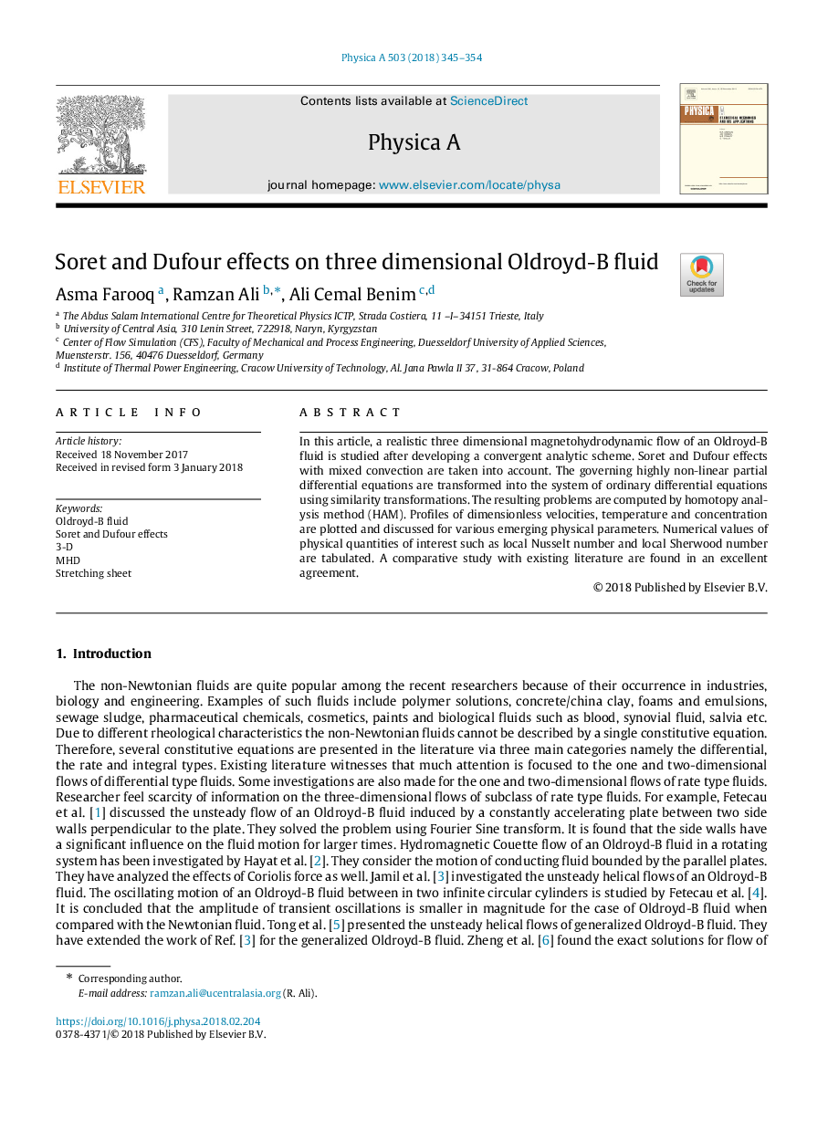 Soret and Dufour effects on three dimensional Oldroyd-B fluid