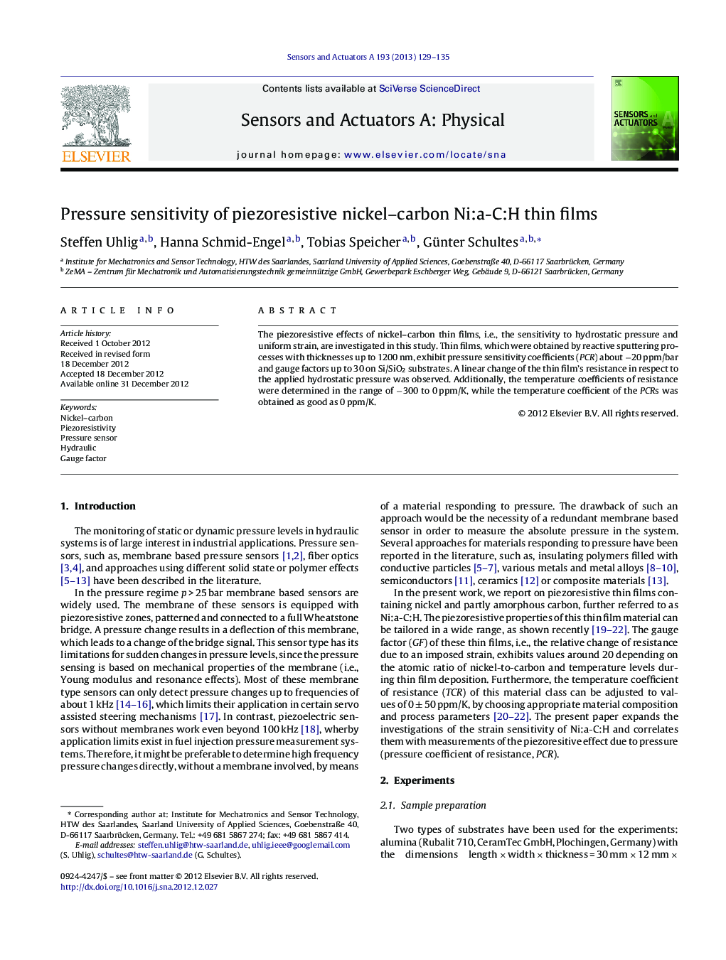 Pressure sensitivity of piezoresistive nickel–carbon Ni:a-C:H thin films