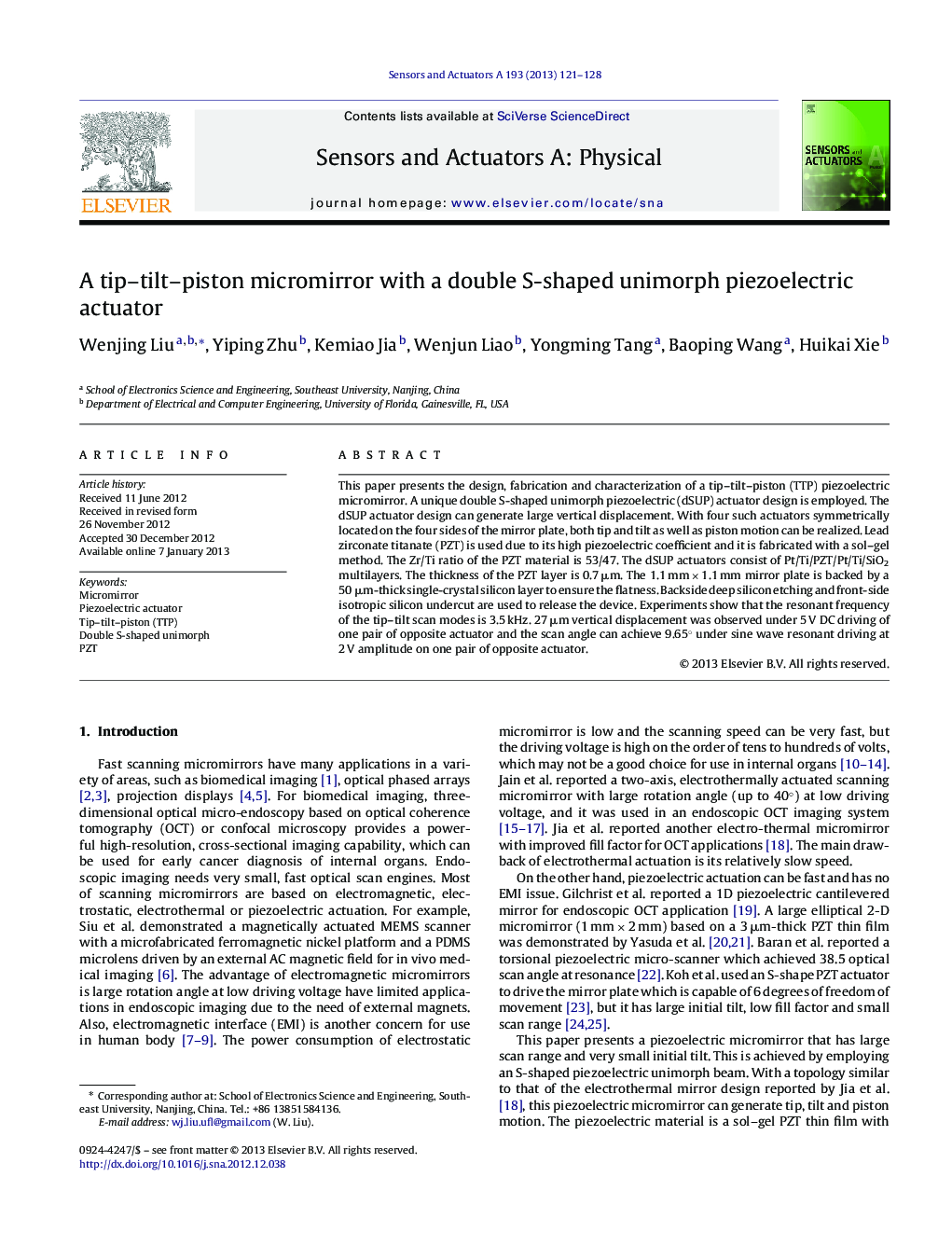 A tip–tilt–piston micromirror with a double S-shaped unimorph piezoelectric actuator