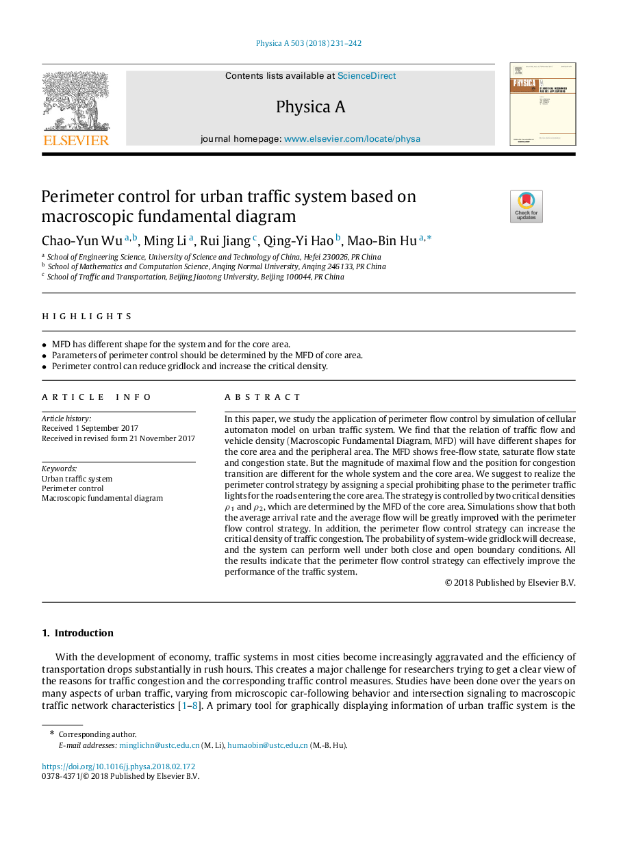 Perimeter control for urban traffic system based on macroscopic fundamental diagram