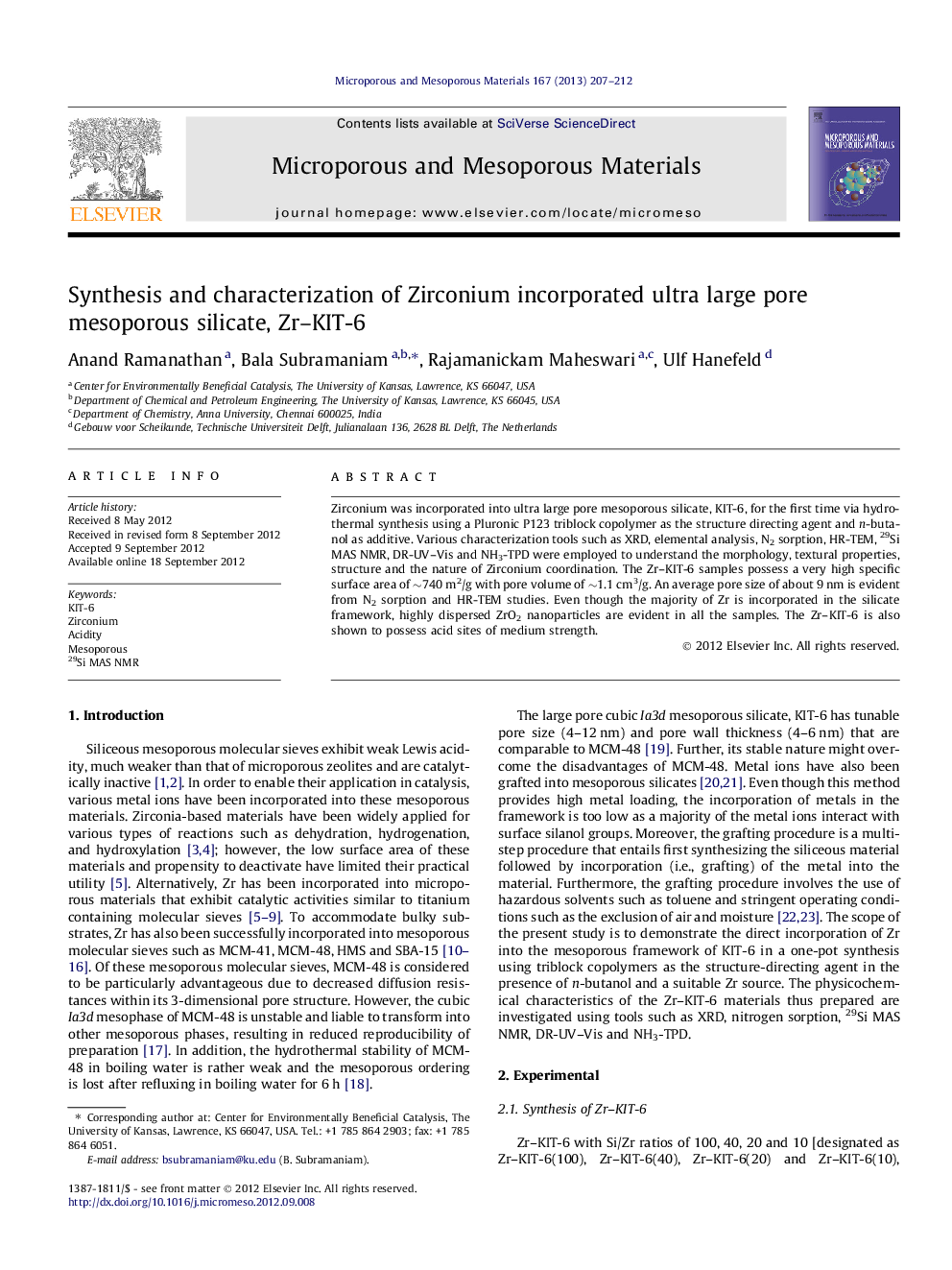 Synthesis and characterization of Zirconium incorporated ultra large pore mesoporous silicate, Zr–KIT-6