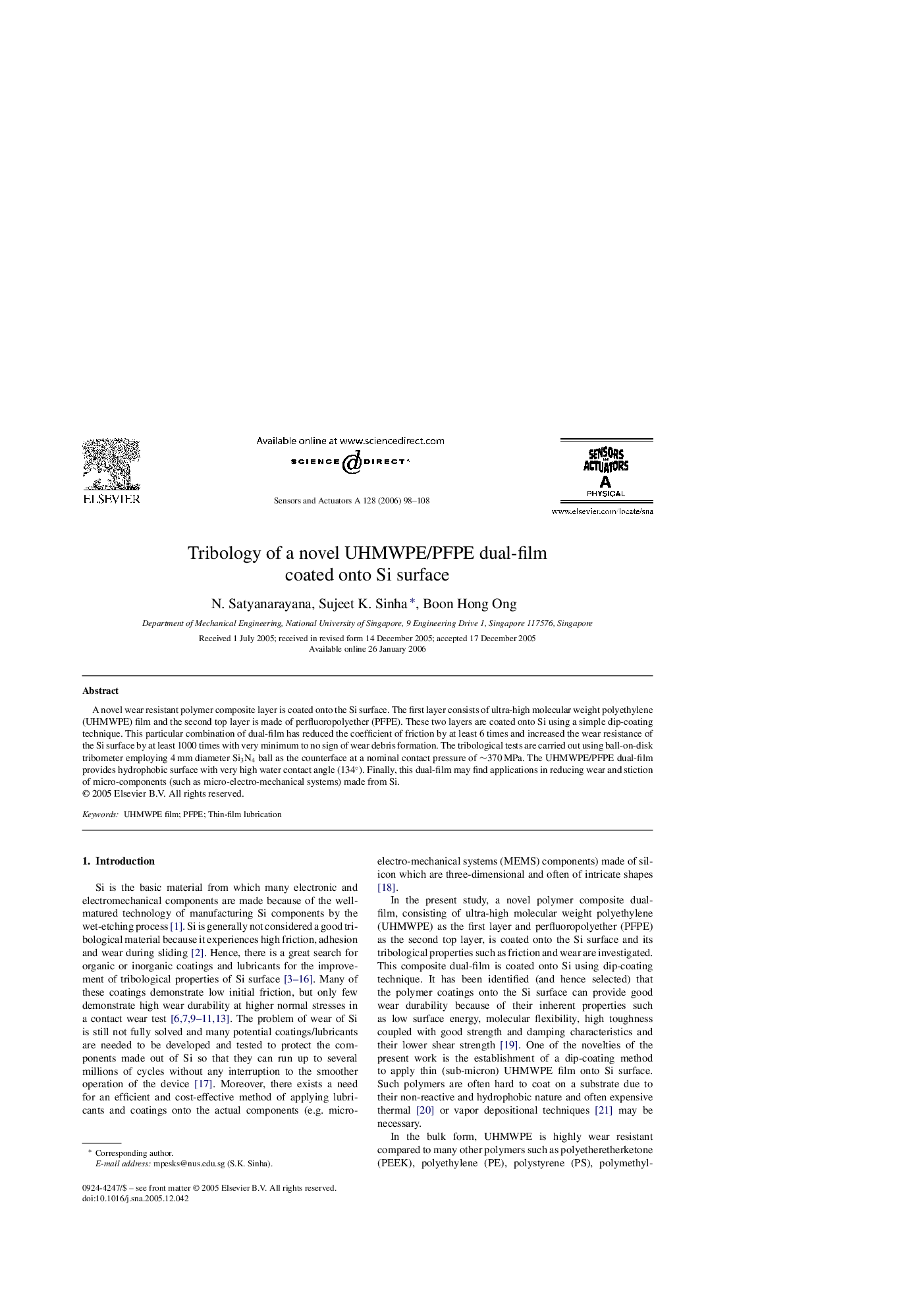 Tribology of a novel UHMWPE/PFPE dual-film coated onto Si surface