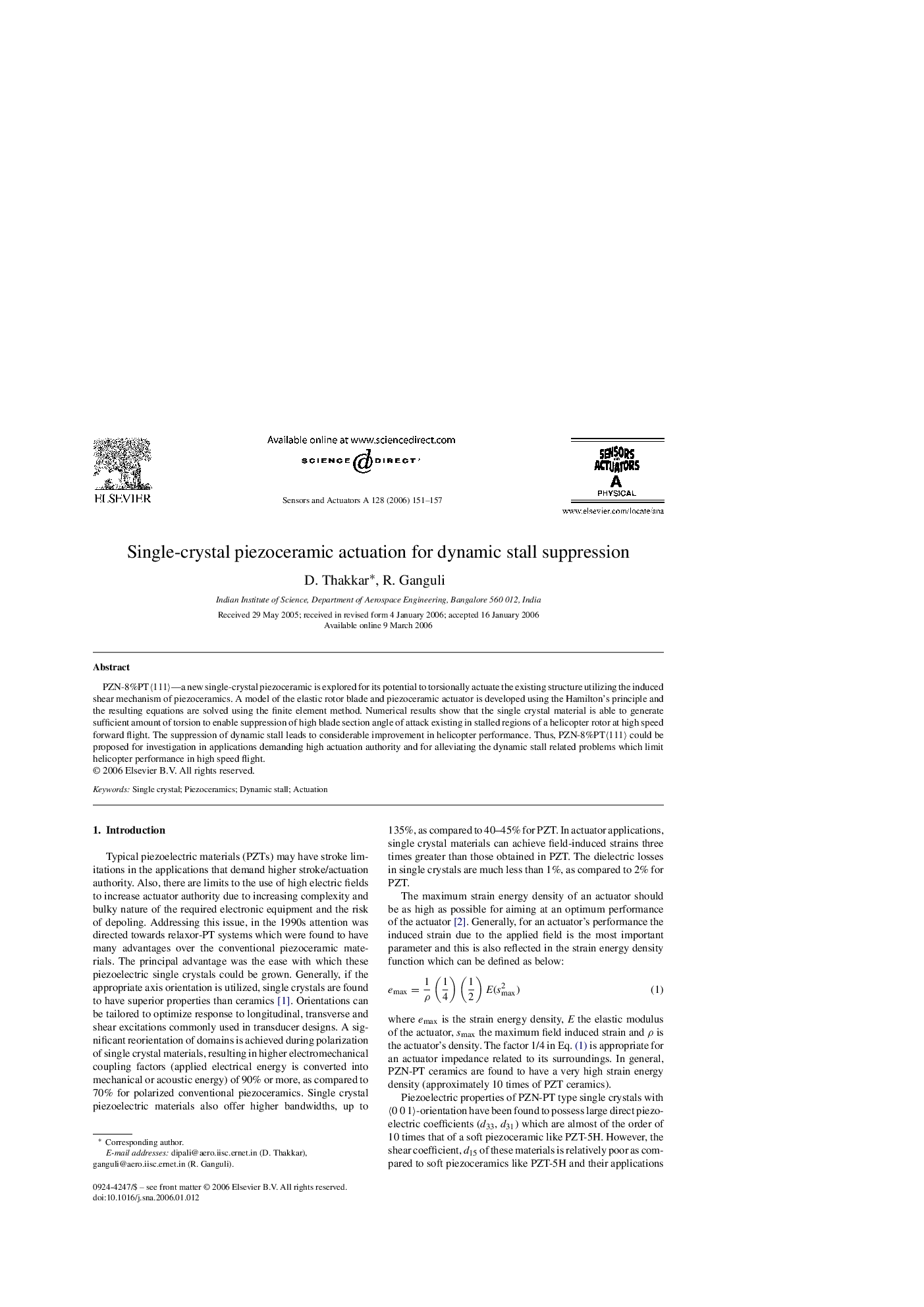 Single-crystal piezoceramic actuation for dynamic stall suppression