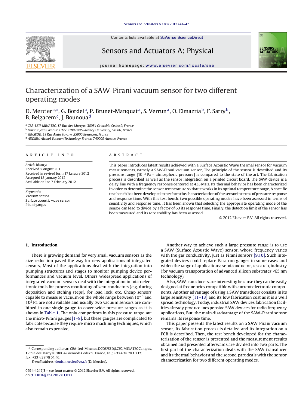 Characterization of a SAW-Pirani vacuum sensor for two different operating modes