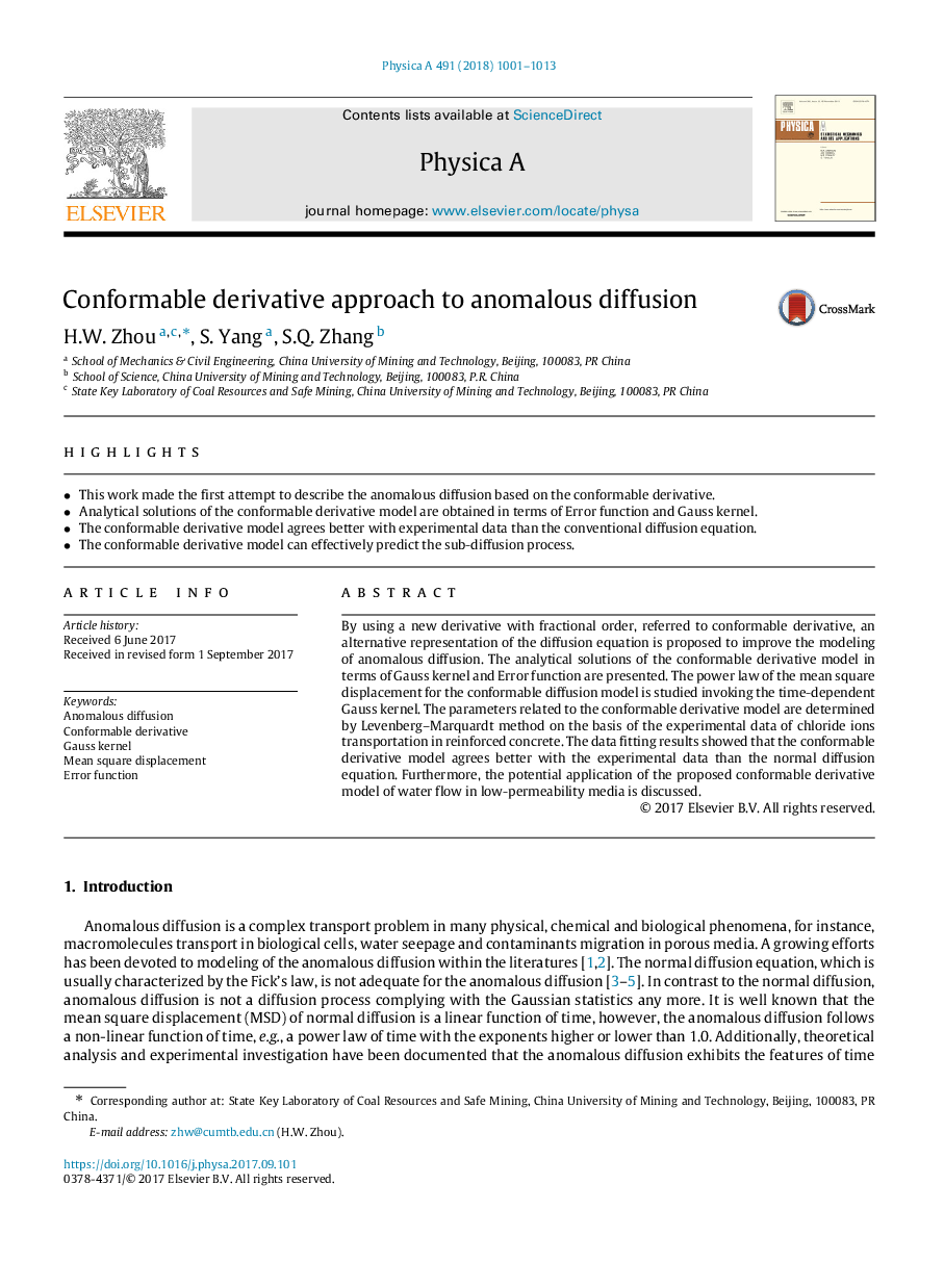 Conformable derivative approach to anomalous diffusion