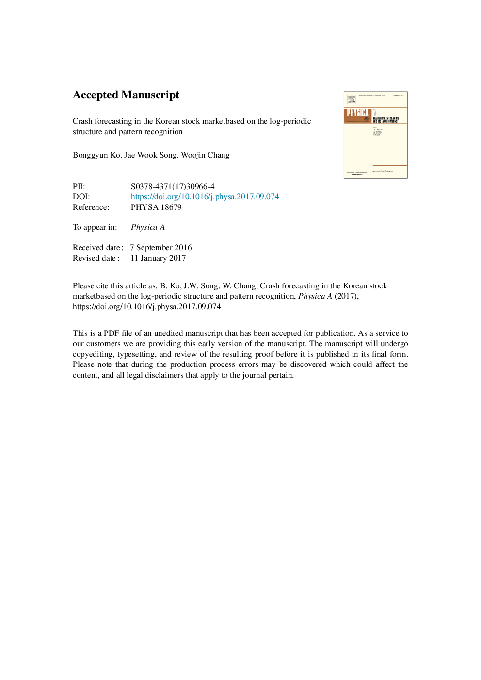 عکس صفحه اول مقاله: Crash forecasting in the Korean stock market based on the log-periodic structure and pattern recognition Crash forecasting in the Korean stock market based on the log-periodic structure and pattern recognition
