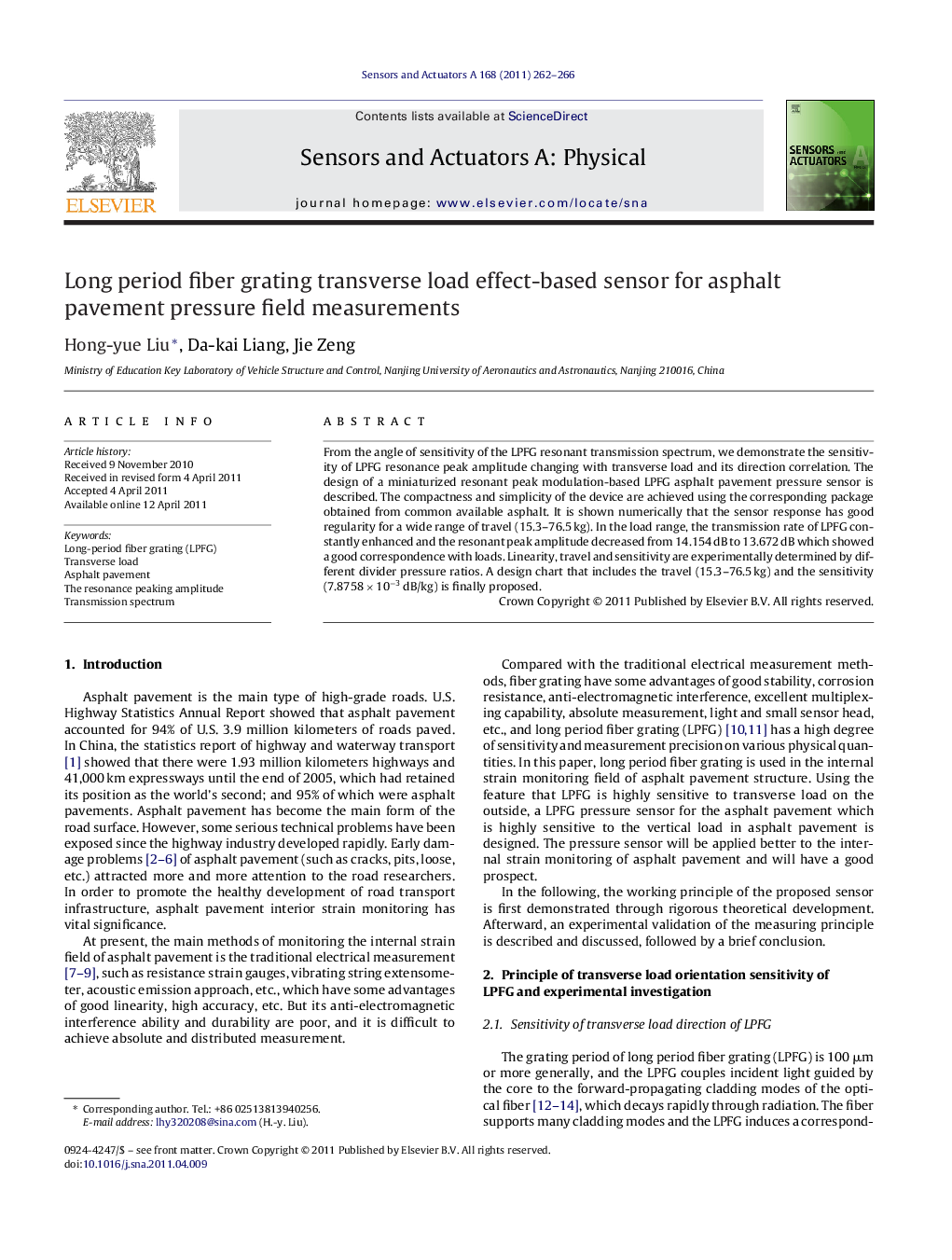 Long period fiber grating transverse load effect-based sensor for asphalt pavement pressure field measurements