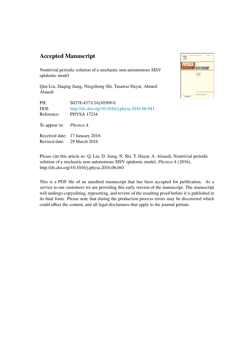 Nontrivial periodic solution of a stochastic non-autonomous SISV epidemic model