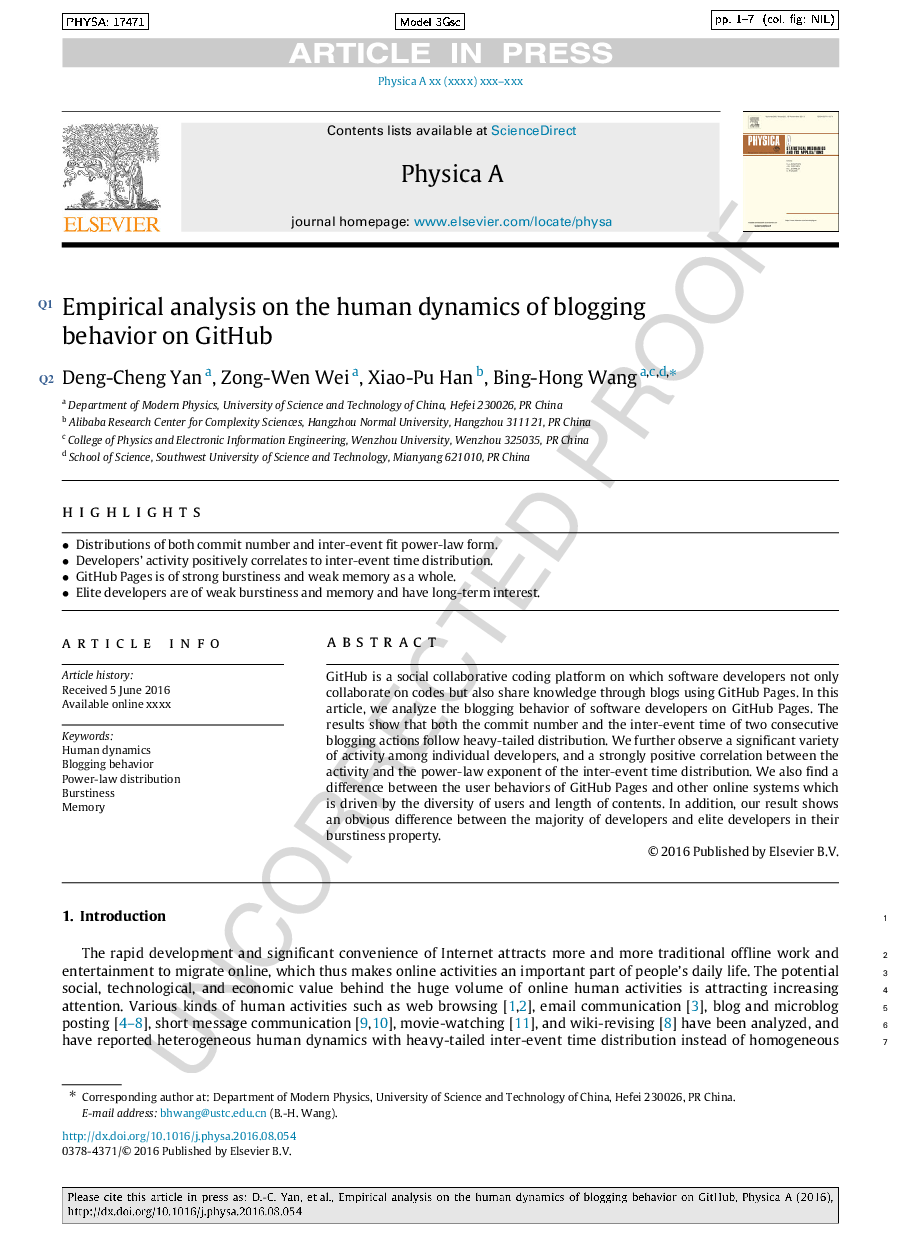 Empirical analysis on the human dynamics of blogging behavior on GitHub