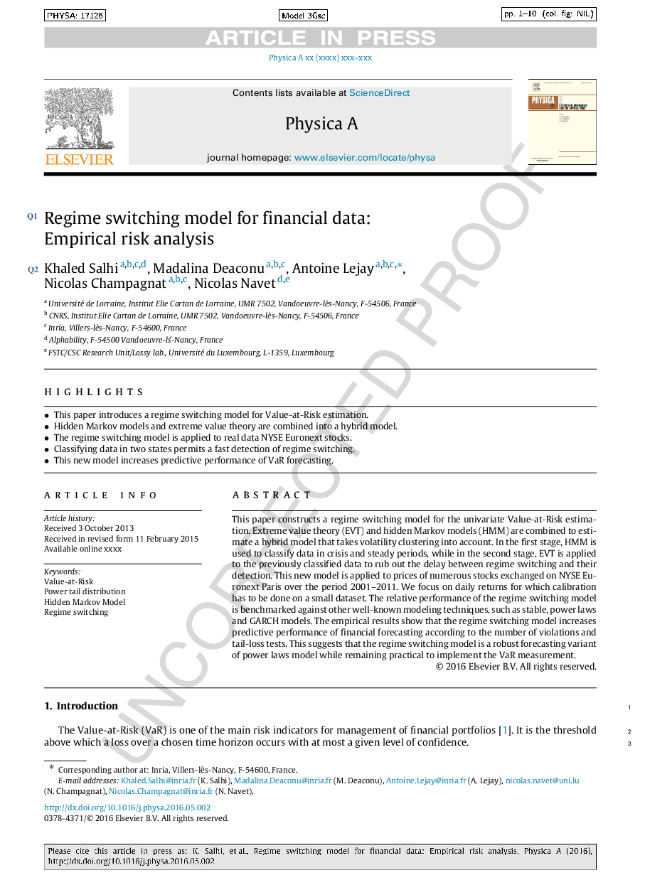 Regime switching model for financial data: Empirical risk analysis