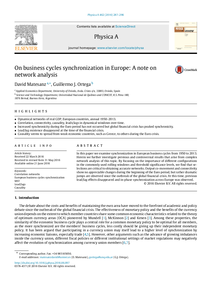 On business cycles synchronization in Europe: A note on network analysis