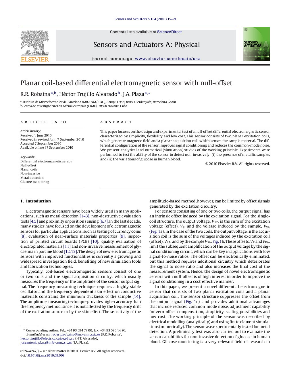 Planar coil-based differential electromagnetic sensor with null-offset