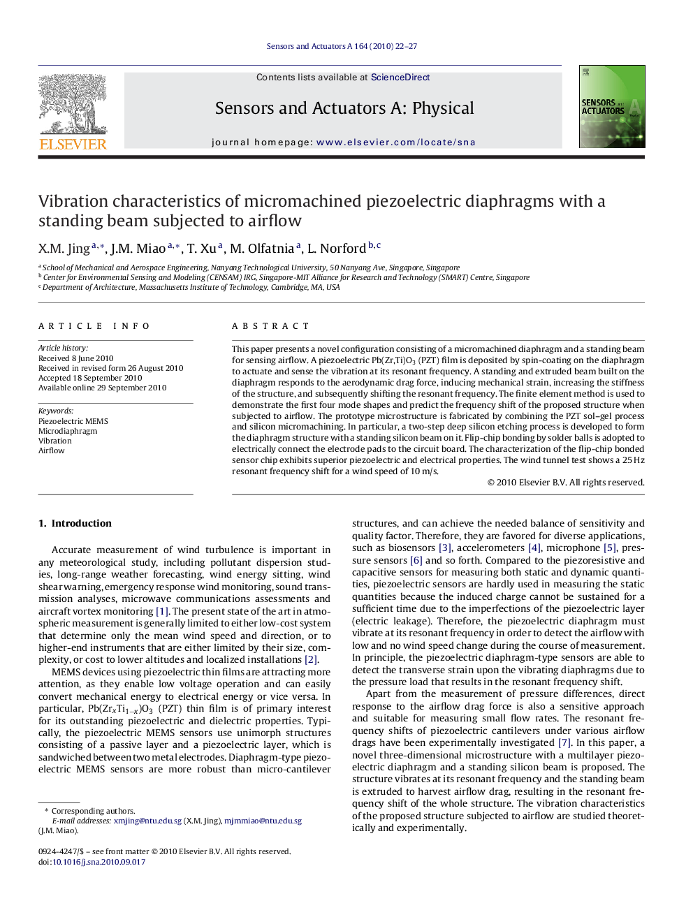 عکس صفحه اول مقاله: Vibration characteristics of micromachined piezoelectric diaphragms with a standing beam subjected to airflow Vibration characteristics of micromachined piezoelectric diaphragms with a standing beam subjected to airflow