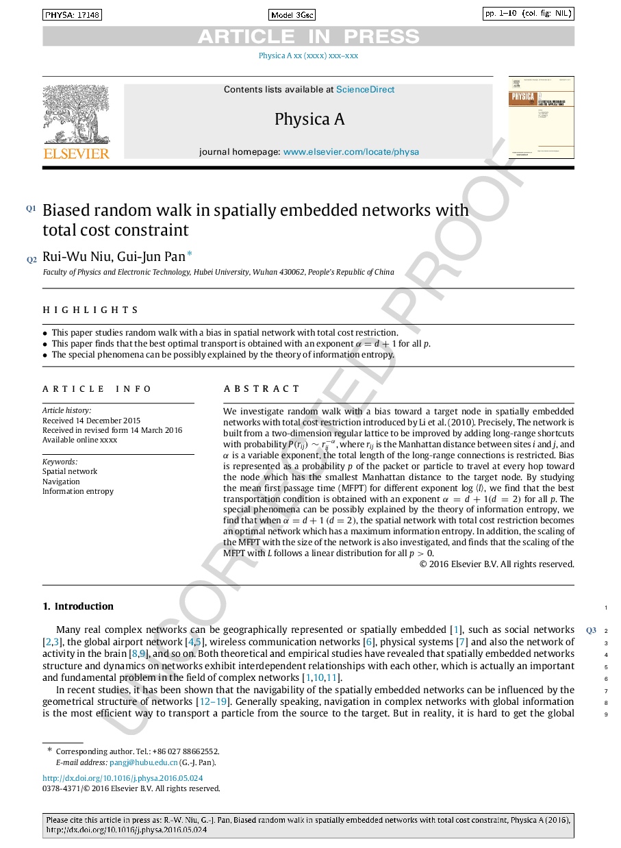 Biased random walk in spatially embedded networks with total cost constraint