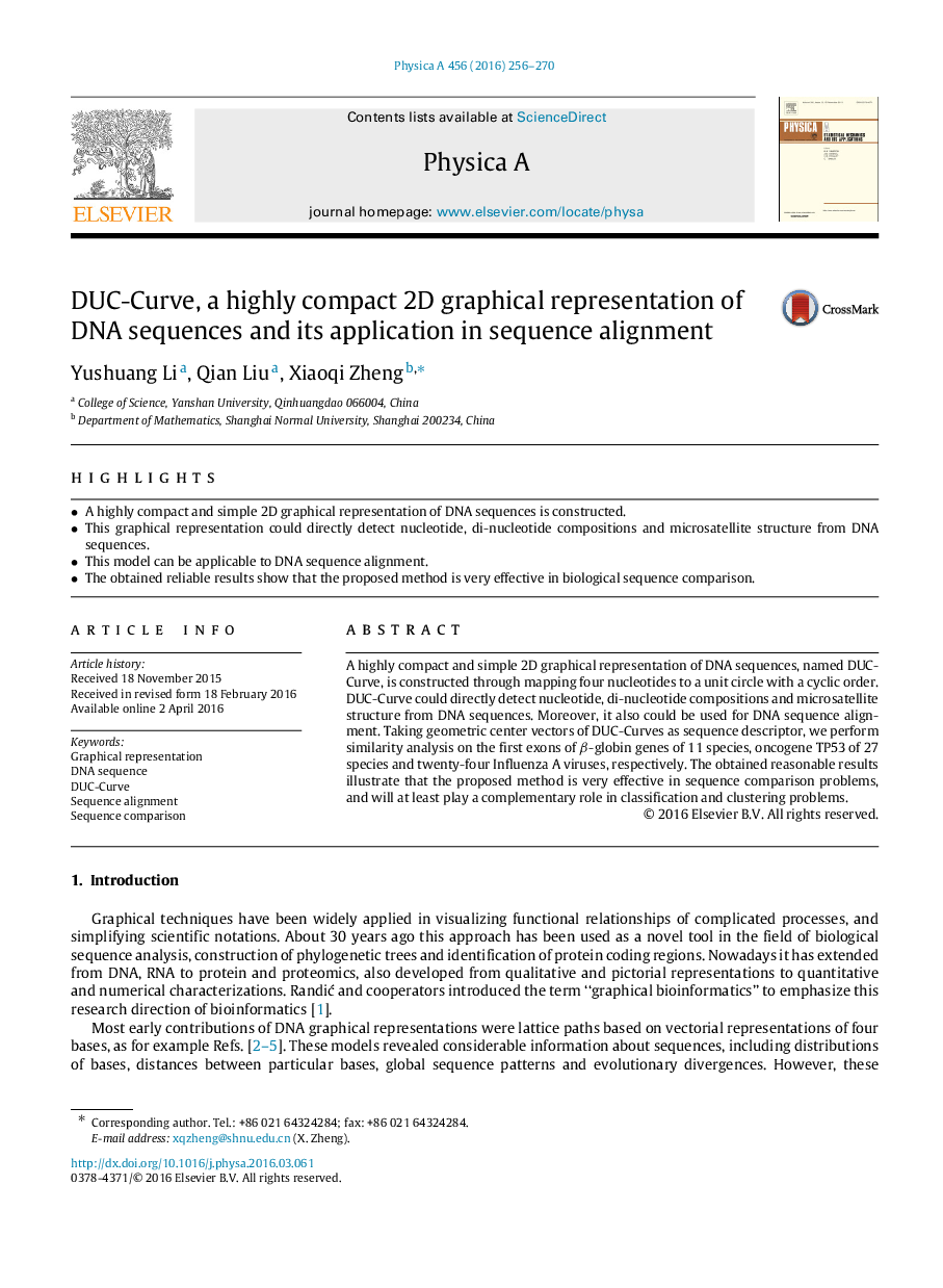 DUC-Curve, a highly compact 2D graphical representation of DNA sequences and its application in sequence alignment