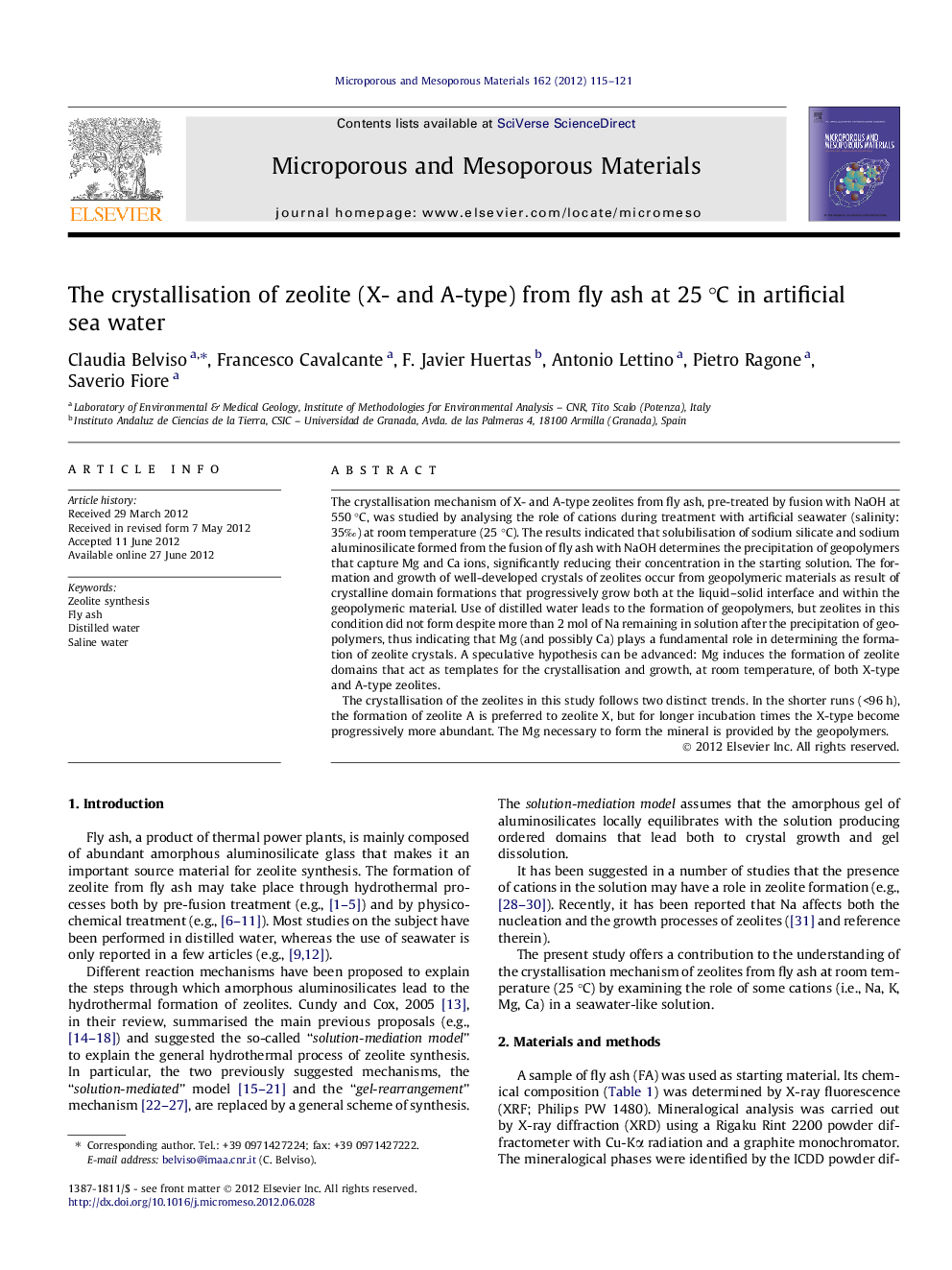 The crystallisation of zeolite (X- and A-type) from fly ash at 25 °C in artificial sea water