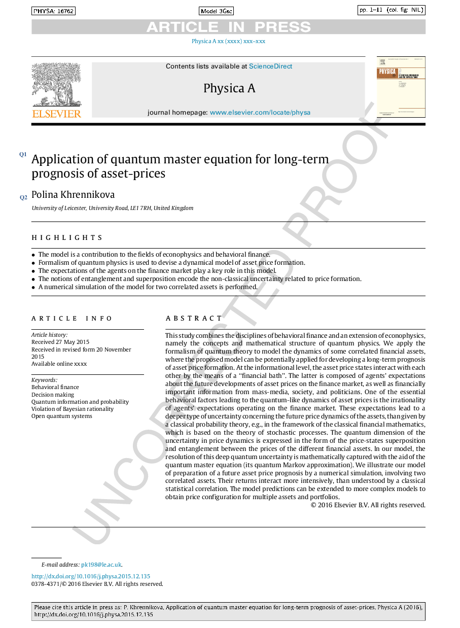 Application of quantum master equation for long-term prognosis of asset-prices