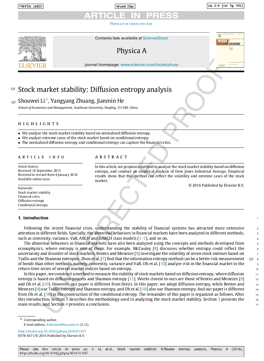 Stock market stability: Diffusion entropy analysis