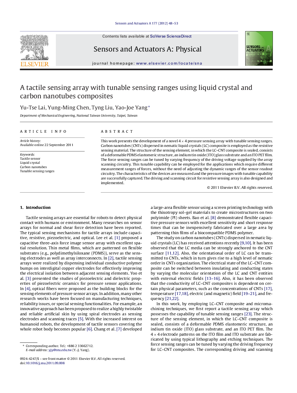 A tactile sensing array with tunable sensing ranges using liquid crystal and carbon nanotubes composites