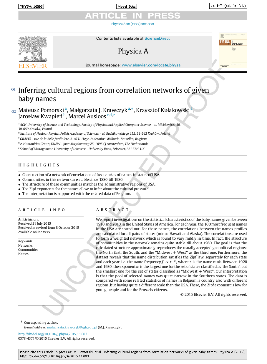 Inferring cultural regions from correlation networks of given baby names