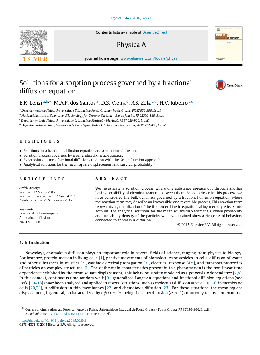 Solutions for a sorption process governed by a fractional diffusion equation