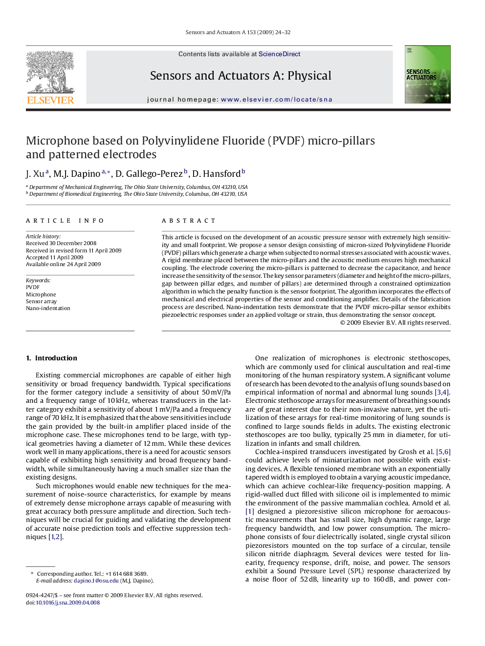 Microphone based on Polyvinylidene Fluoride (PVDF) micro-pillars and patterned electrodes