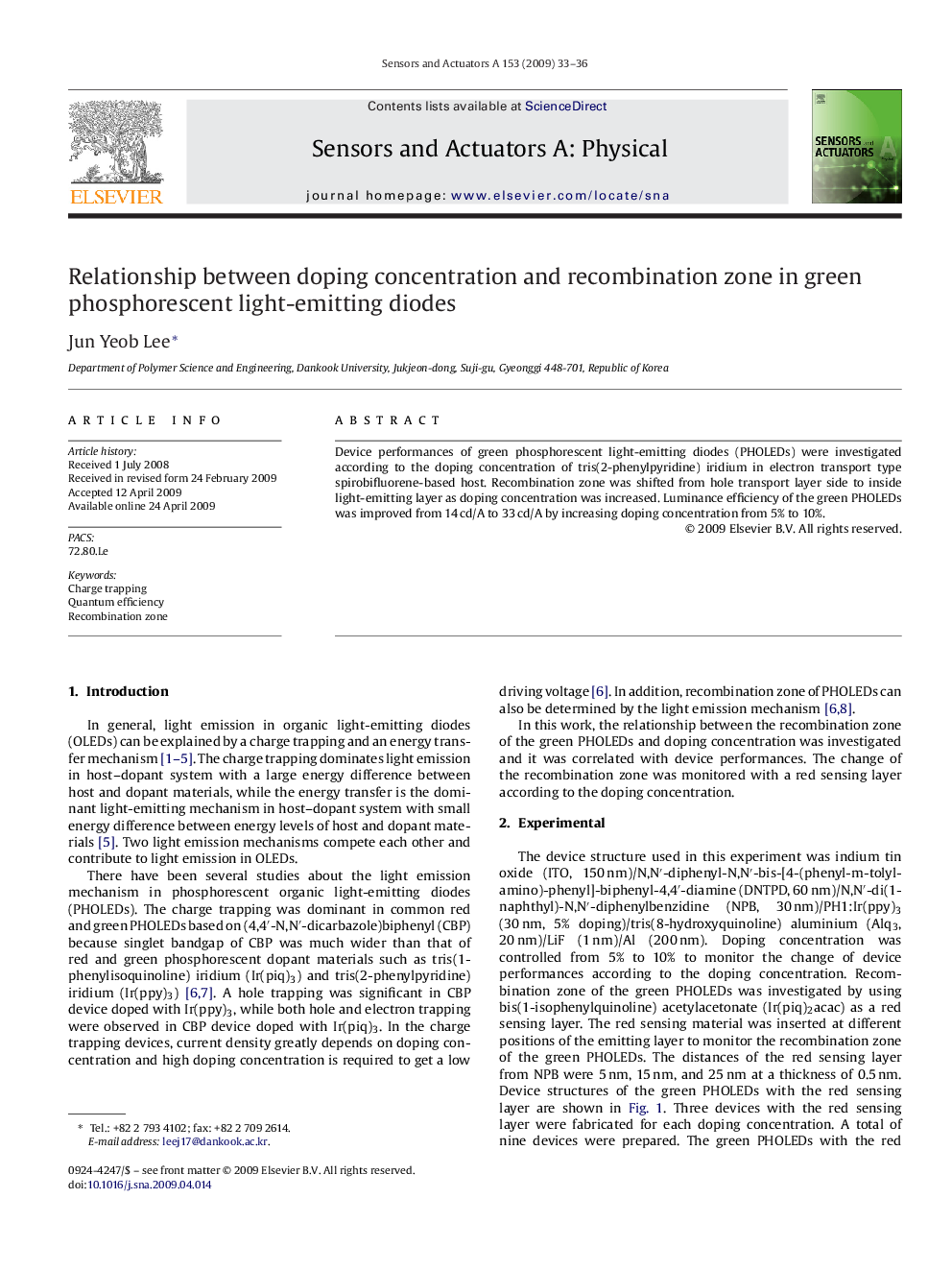 Relationship between doping concentration and recombination zone in green phosphorescent light-emitting diodes