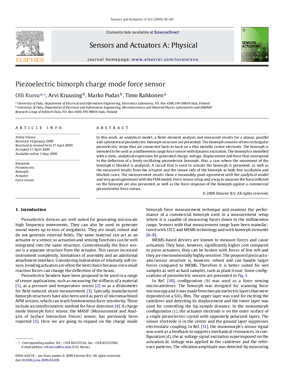 Piezoelectric bimorph charge mode force sensor