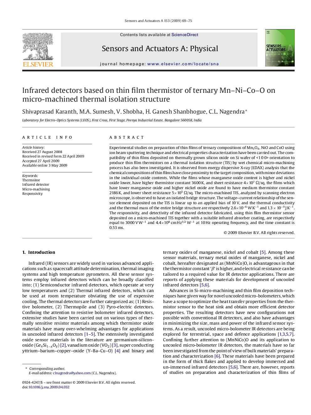 Infrared detectors based on thin film thermistor of ternary Mn–Ni–Co–O on micro-machined thermal isolation structure