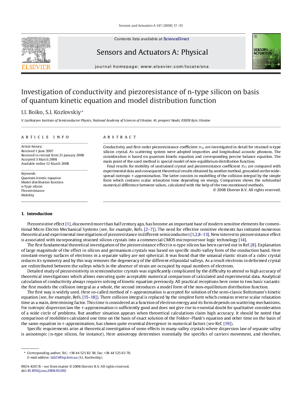 Investigation of conductivity and piezoresistance of n-type silicon on basis of quantum kinetic equation and model distribution function