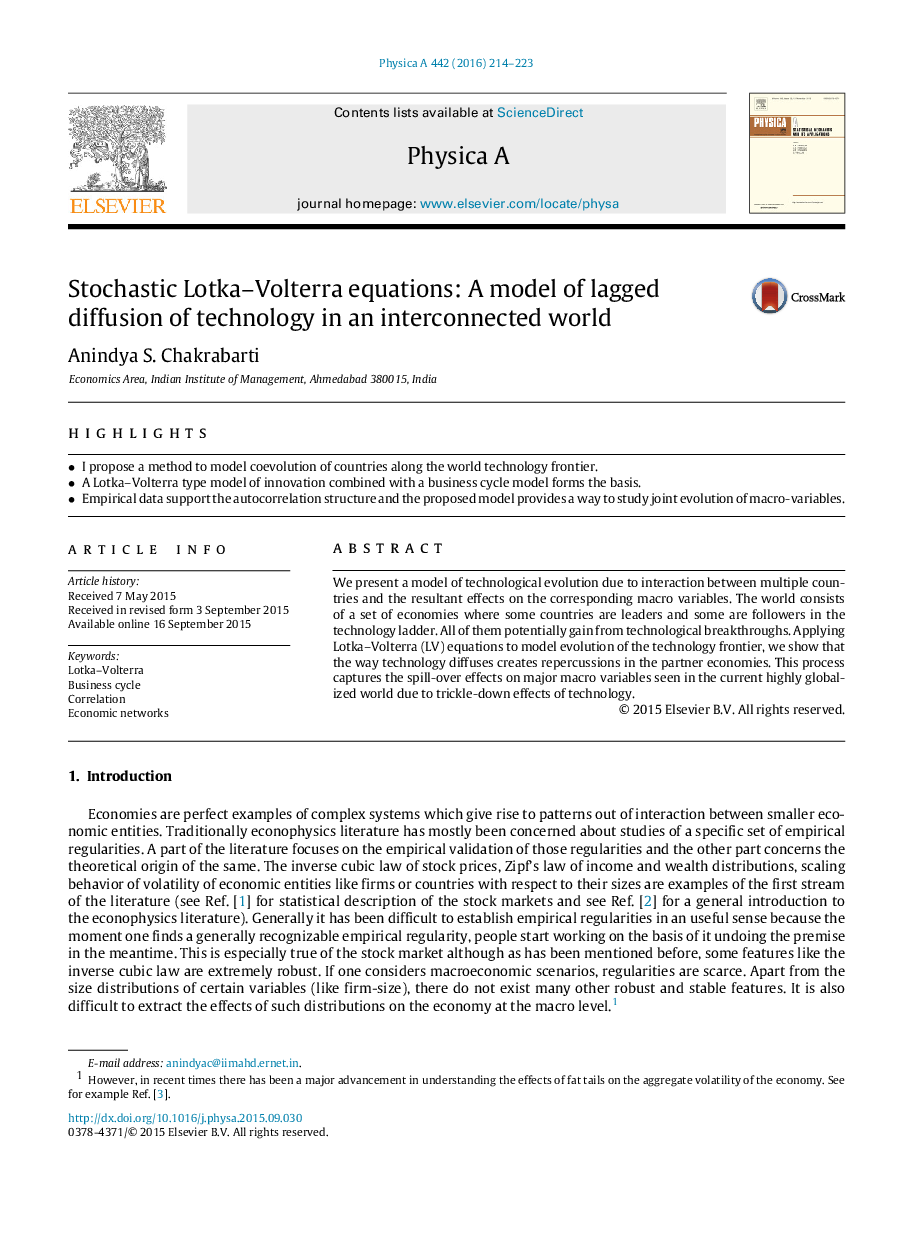 Stochastic Lotka-Volterra equations: A model of lagged diffusion of technology in an interconnected world