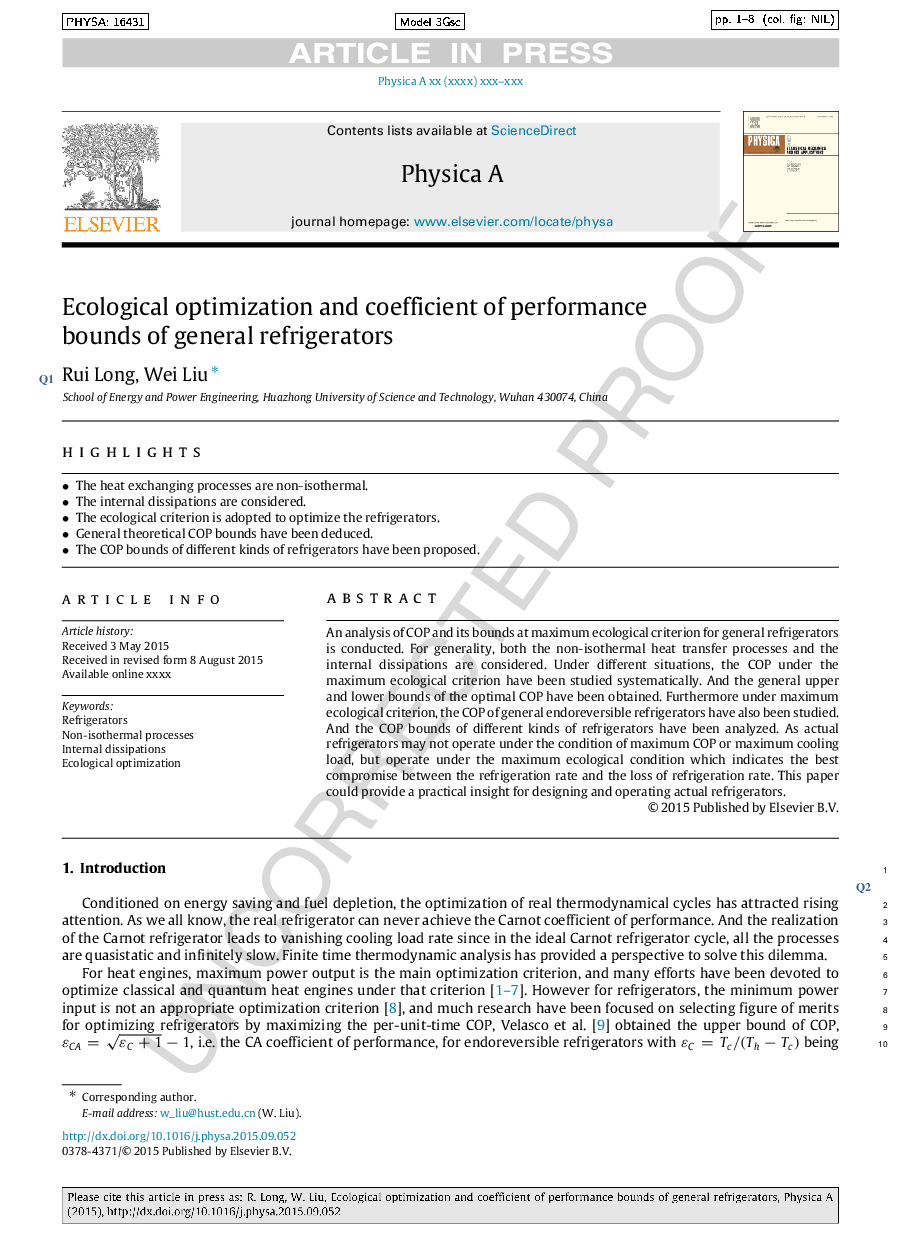 Ecological optimization and coefficient of performance bounds of general refrigerators