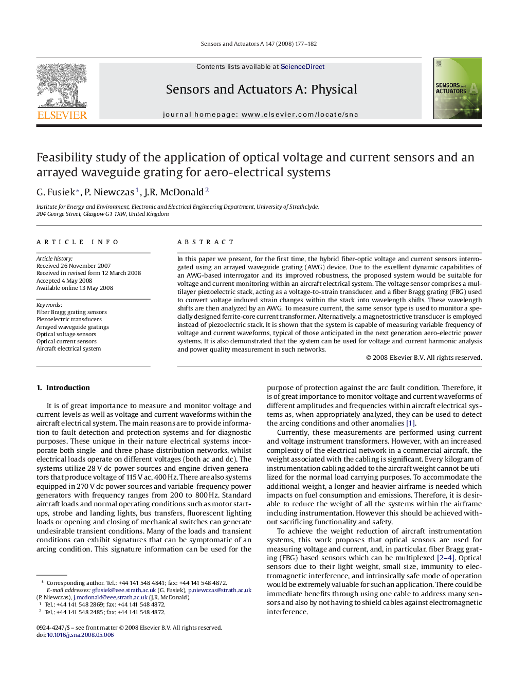 Feasibility study of the application of optical voltage and current sensors and an arrayed waveguide grating for aero-electrical systems