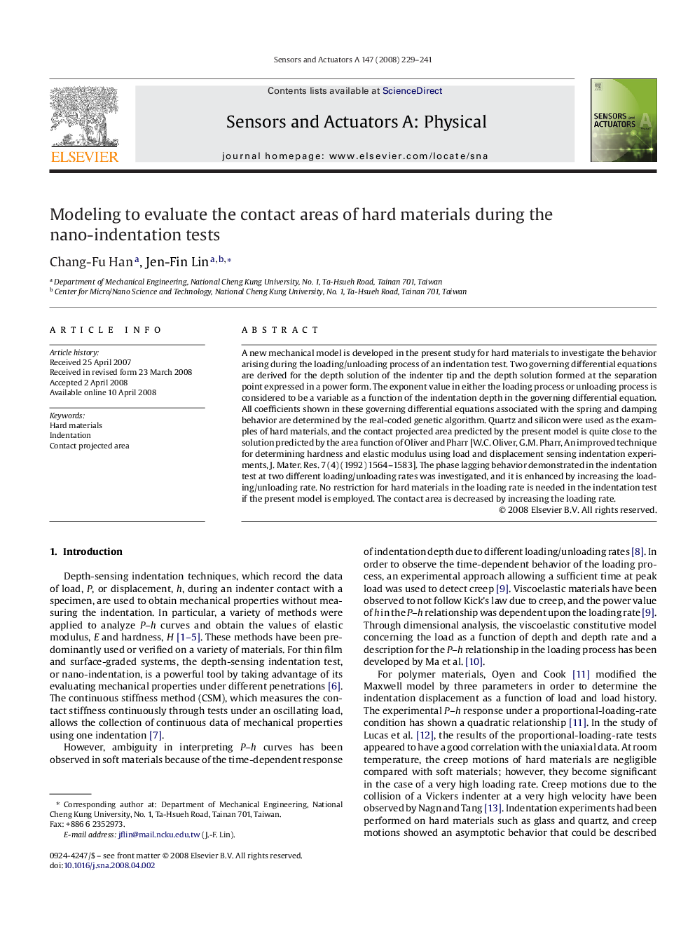 Modeling to evaluate the contact areas of hard materials during the nano-indentation tests