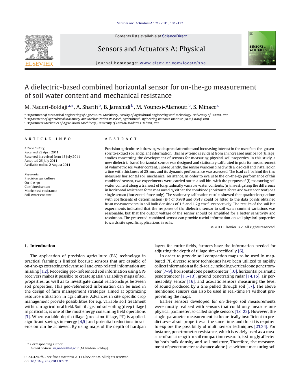 A dielectric-based combined horizontal sensor for on-the-go measurement of soil water content and mechanical resistance