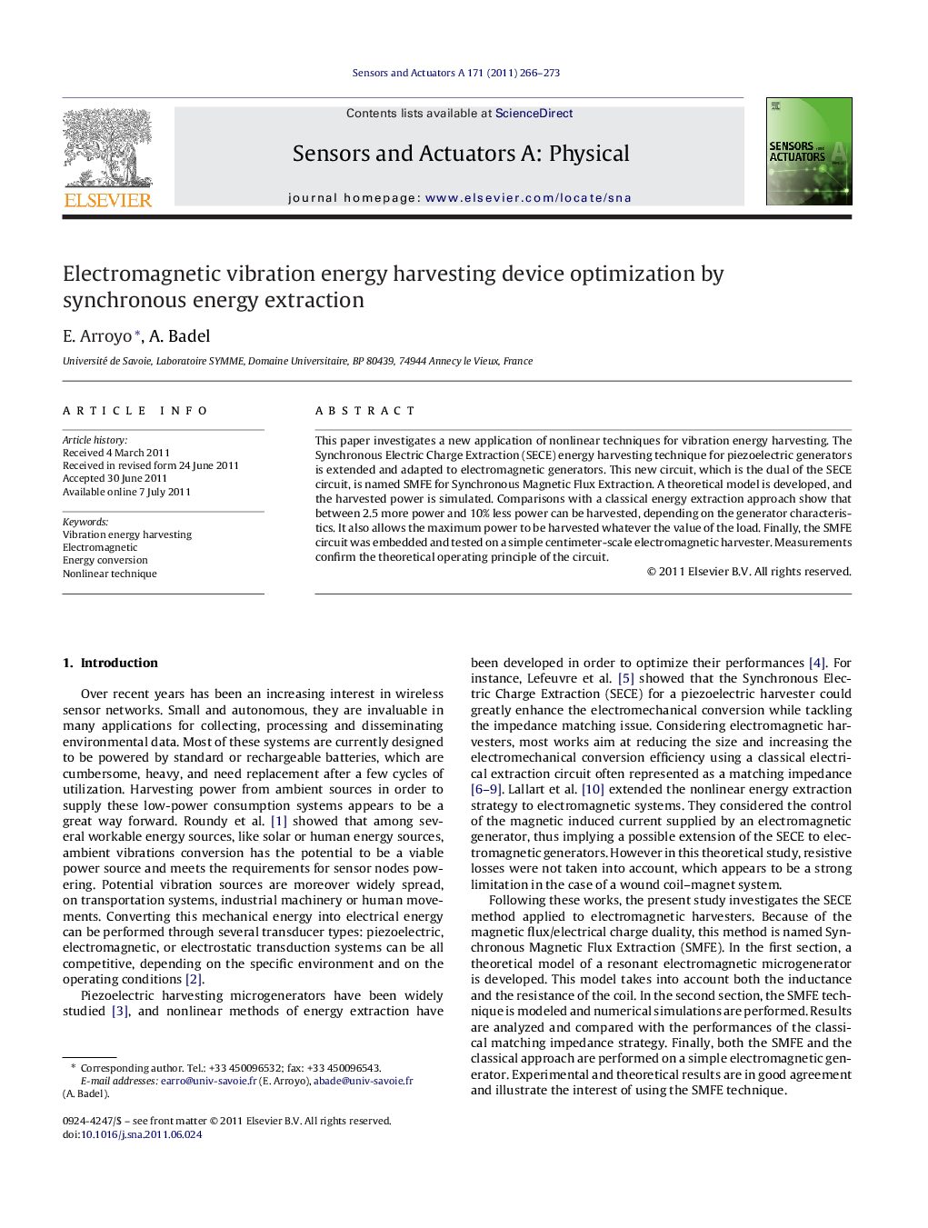 Electromagnetic vibration energy harvesting device optimization by synchronous energy extraction