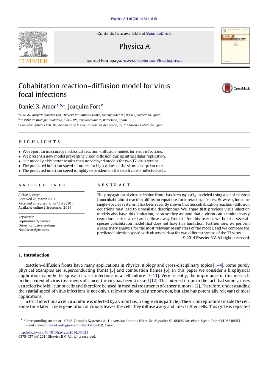 Cohabitation reaction-diffusion model for virus focal infections