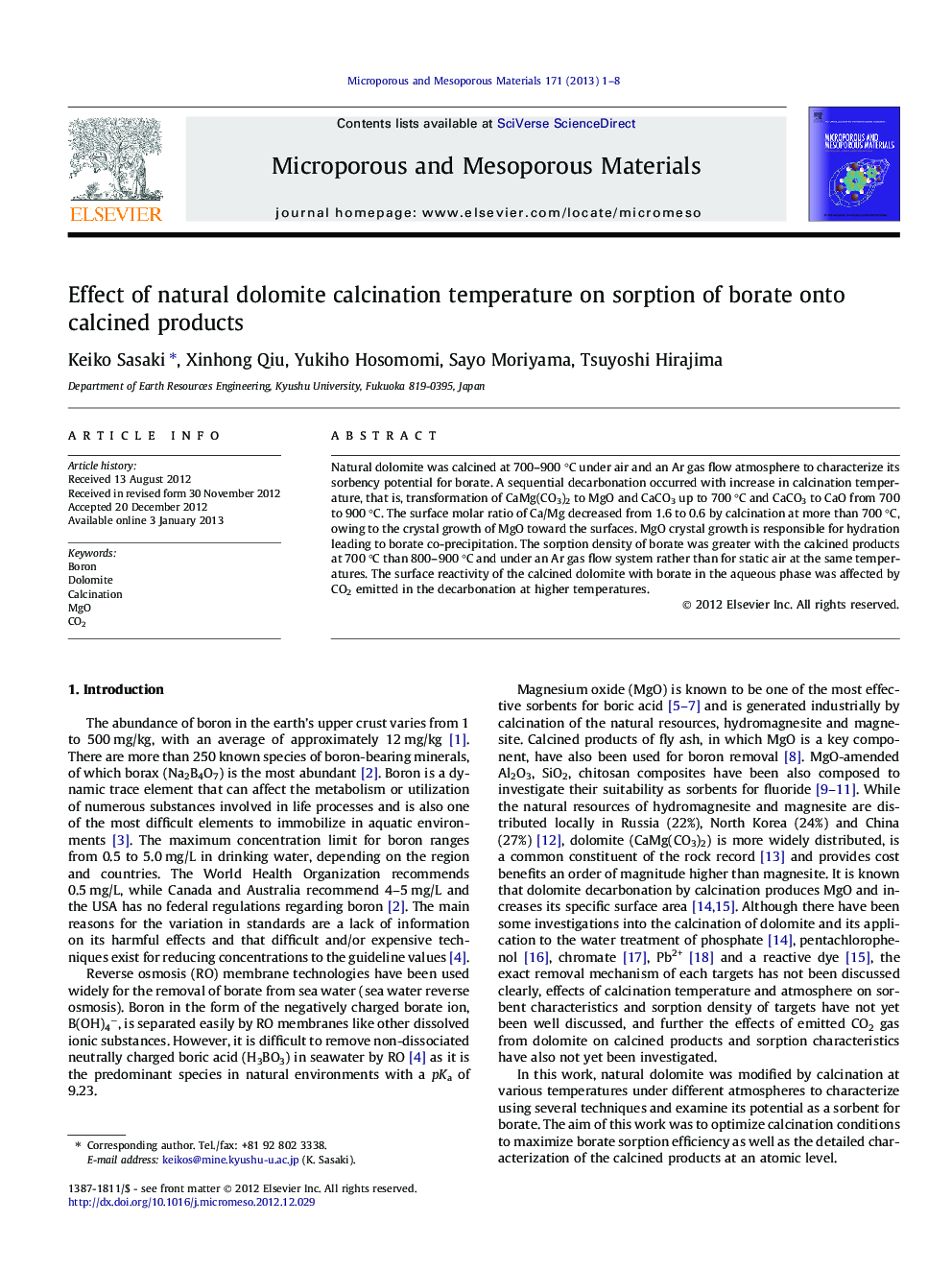 Effect of natural dolomite calcination temperature on sorption of borate onto calcined products