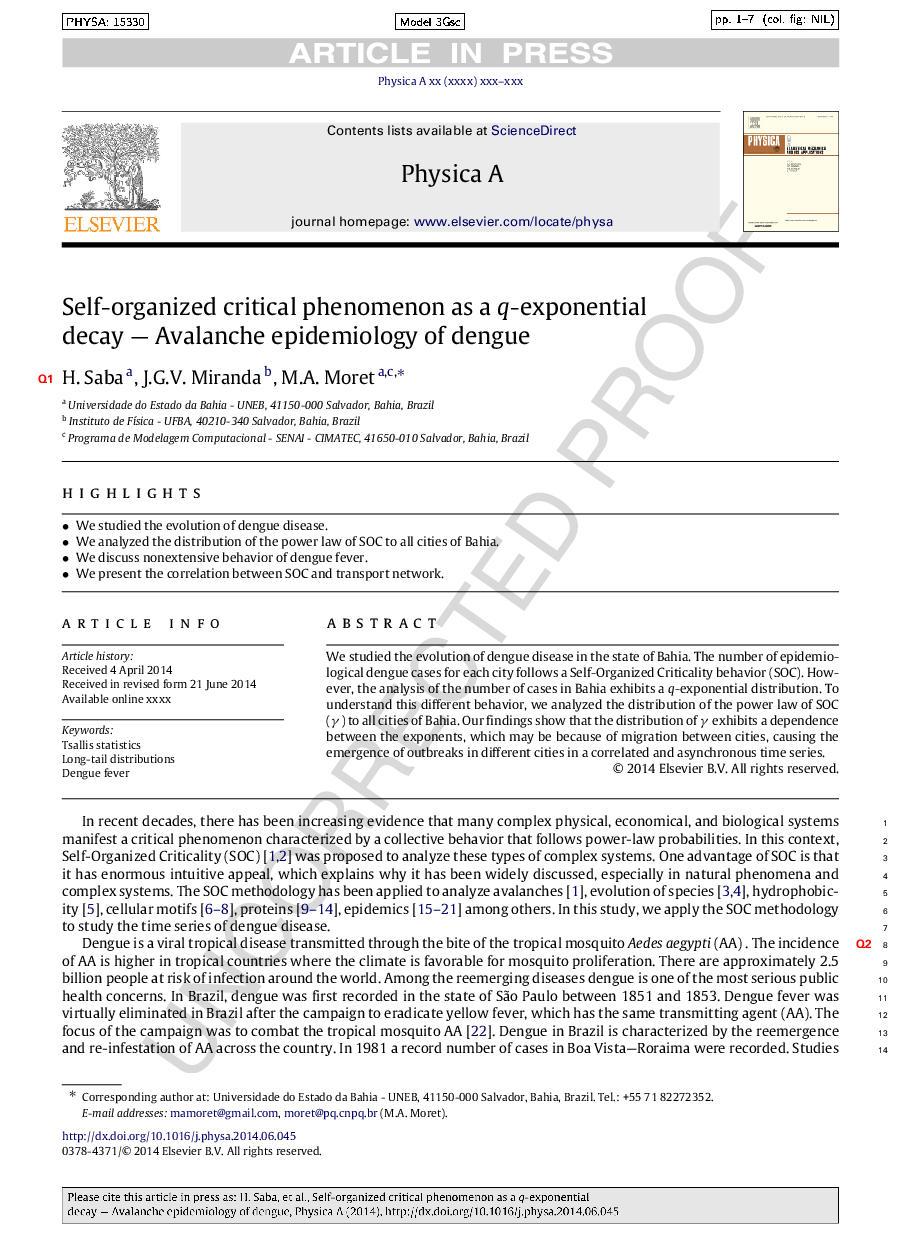 Self-organized critical phenomenon as a q-exponential decay - Avalanche epidemiology of dengue