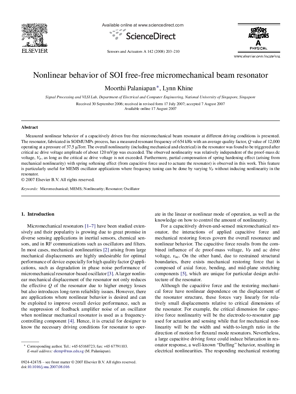 Nonlinear behavior of SOI free-free micromechanical beam resonator