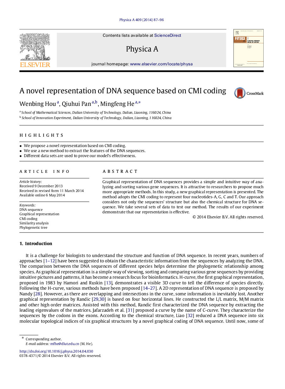 A novel representation of DNA sequence based on CMI coding