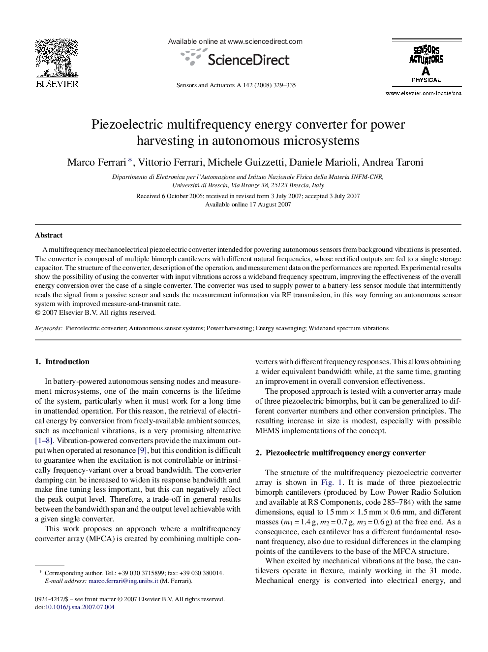 Piezoelectric multifrequency energy converter for power harvesting in autonomous microsystems