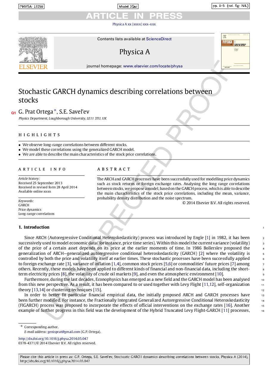 Stochastic GARCH dynamics describing correlations between stocks