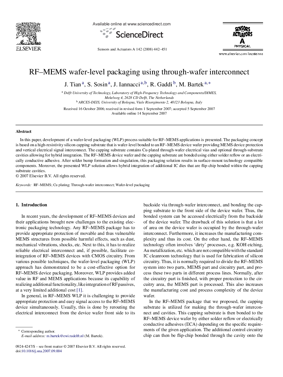 RF–MEMS wafer-level packaging using through-wafer interconnect