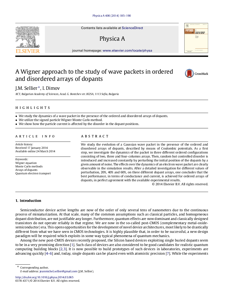 A Wigner approach to the study of wave packets in ordered and disordered arrays of dopants