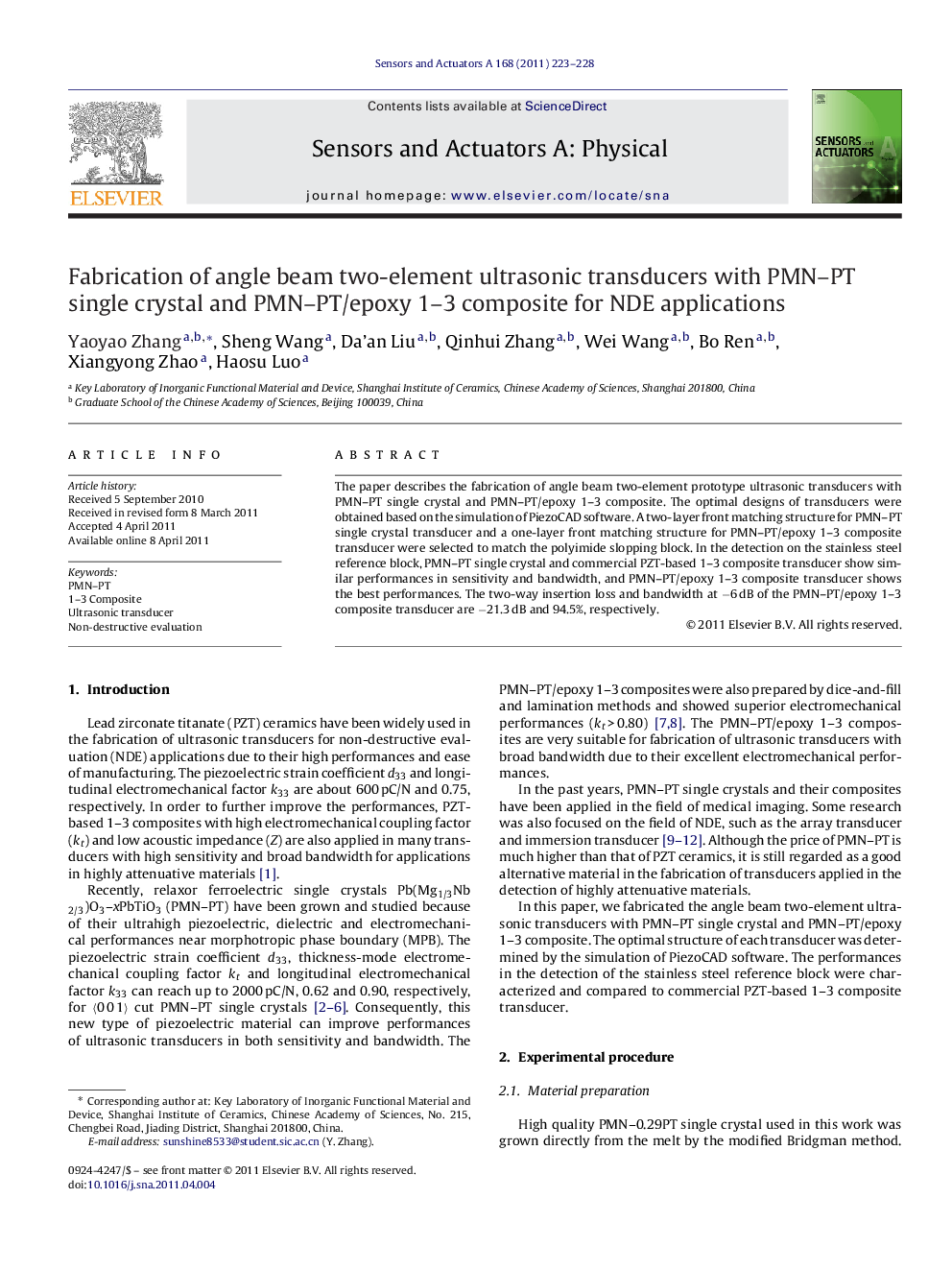 Fabrication of angle beam two-element ultrasonic transducers with PMN–PT single crystal and PMN–PT/epoxy 1–3 composite for NDE applications