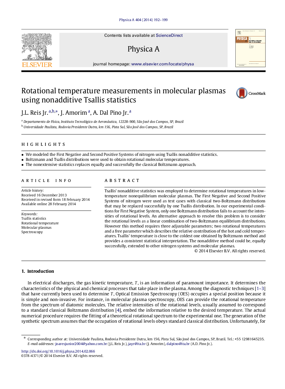 Rotational temperature measurements in molecular plasmas using nonadditive Tsallis statistics