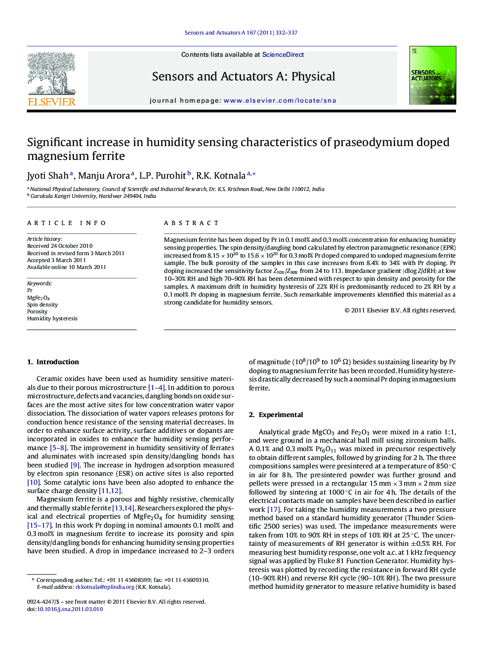 Significant increase in humidity sensing characteristics of praseodymium doped magnesium ferrite