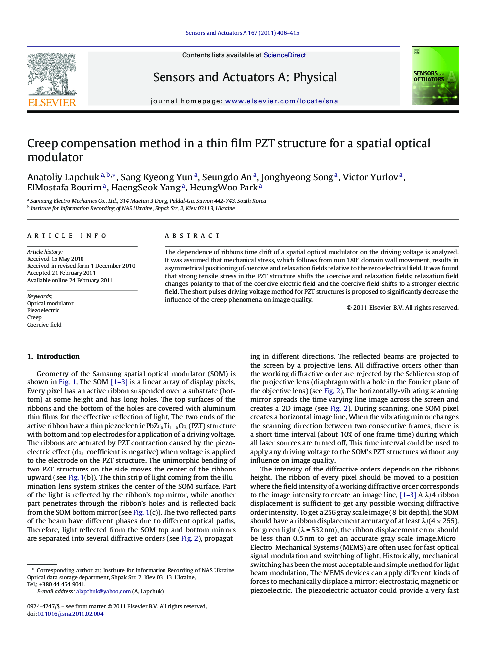 Creep compensation method in a thin film PZT structure for a spatial optical modulator