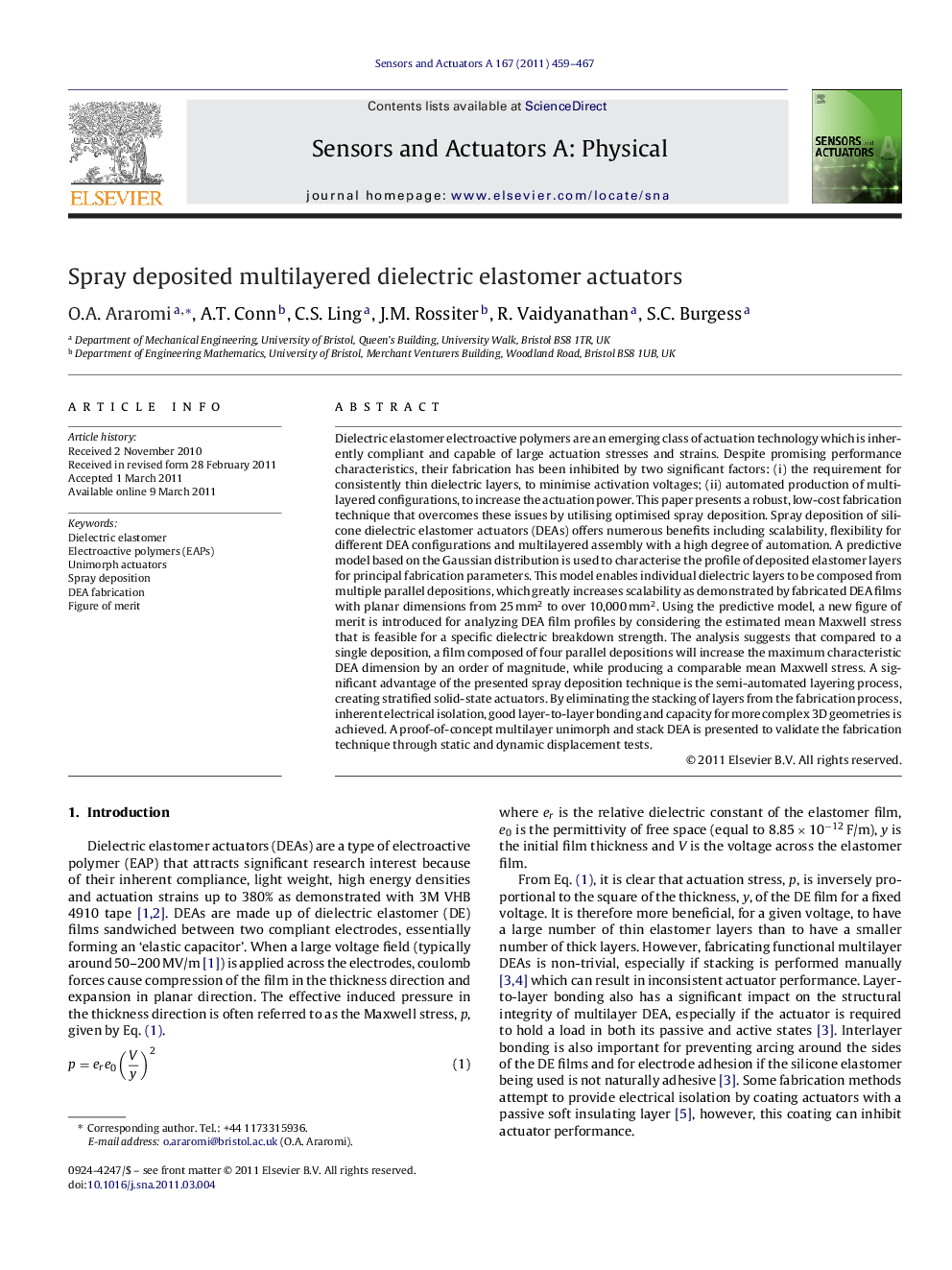 Spray deposited multilayered dielectric elastomer actuators